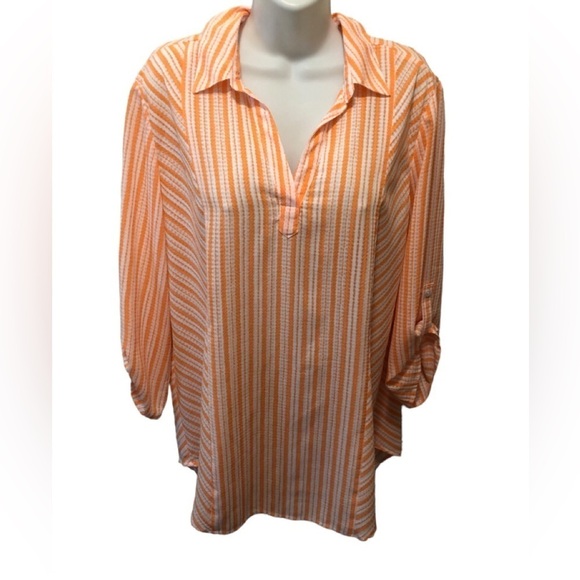 Chico’s Tunic Top Sz. 2/L Orange & White Stripe Roll Tab 3/4 Sleeve Casual Shirt - Picture 1 of 7